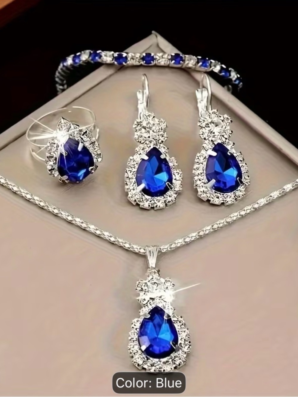 Blue Teardrop Crystal Jewelry Set - Silver Tone